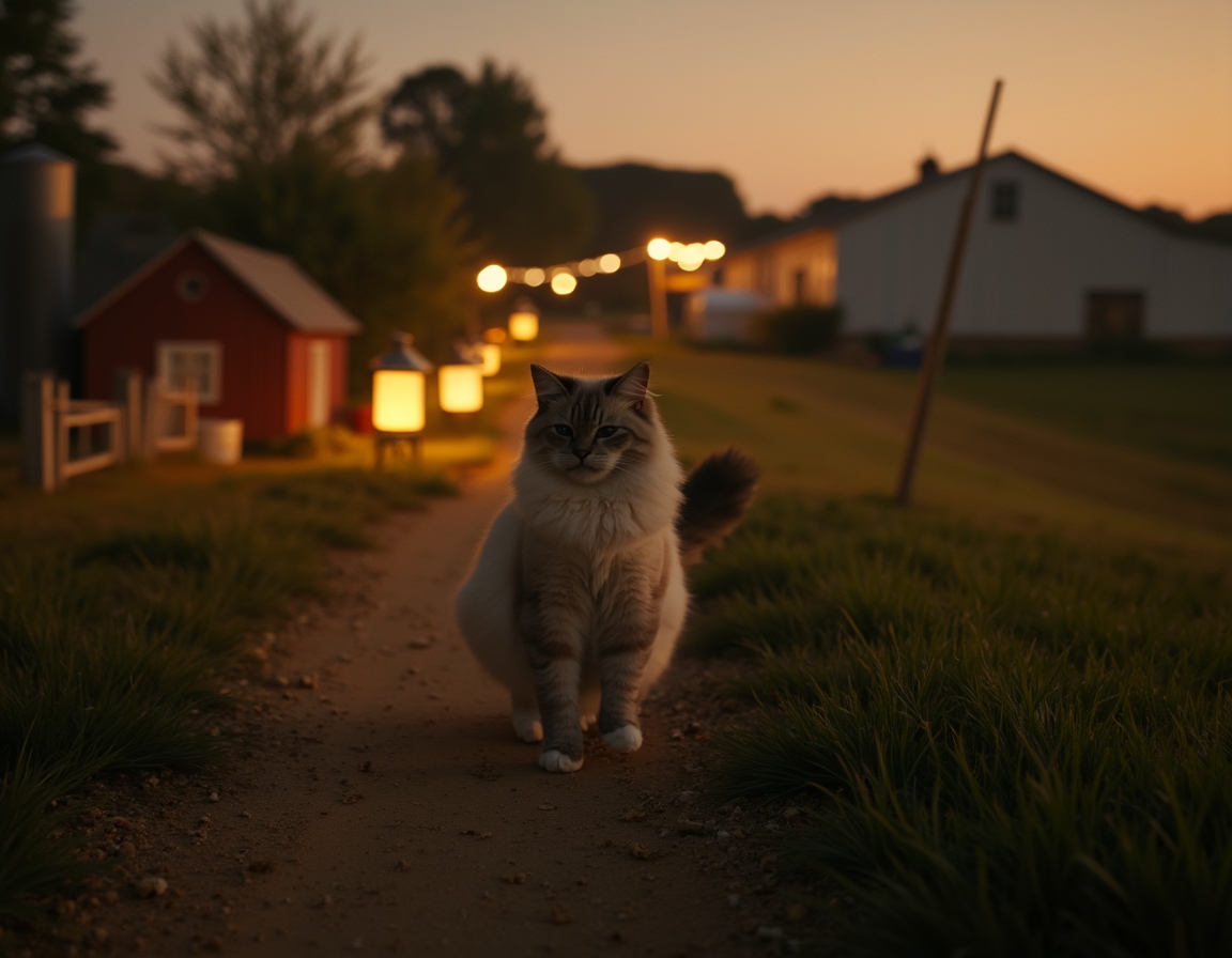 Cat enjoys a quiet walk along a farm path, illuminated by the soft glow of evening lanterns.